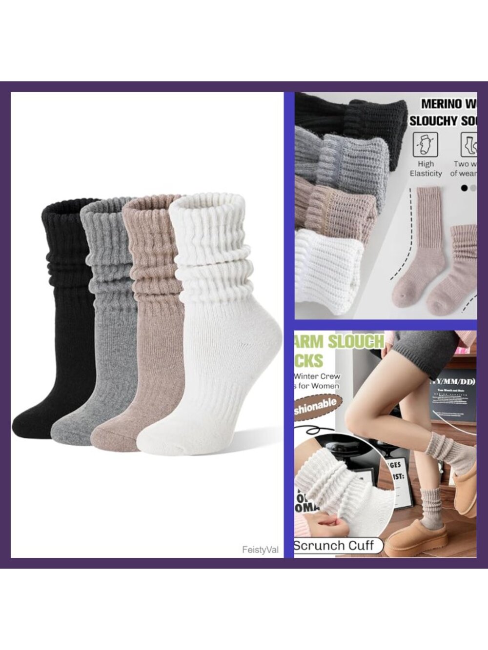 Merino Wool Slouch Boot Socks Thermal Winter Thick Scrunch Cozy Crew 4 Pairs